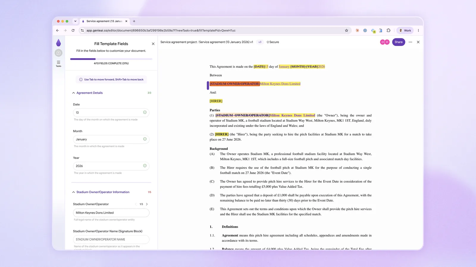 Fill Template inside GenieAI, drafting a pitch-hire agreement