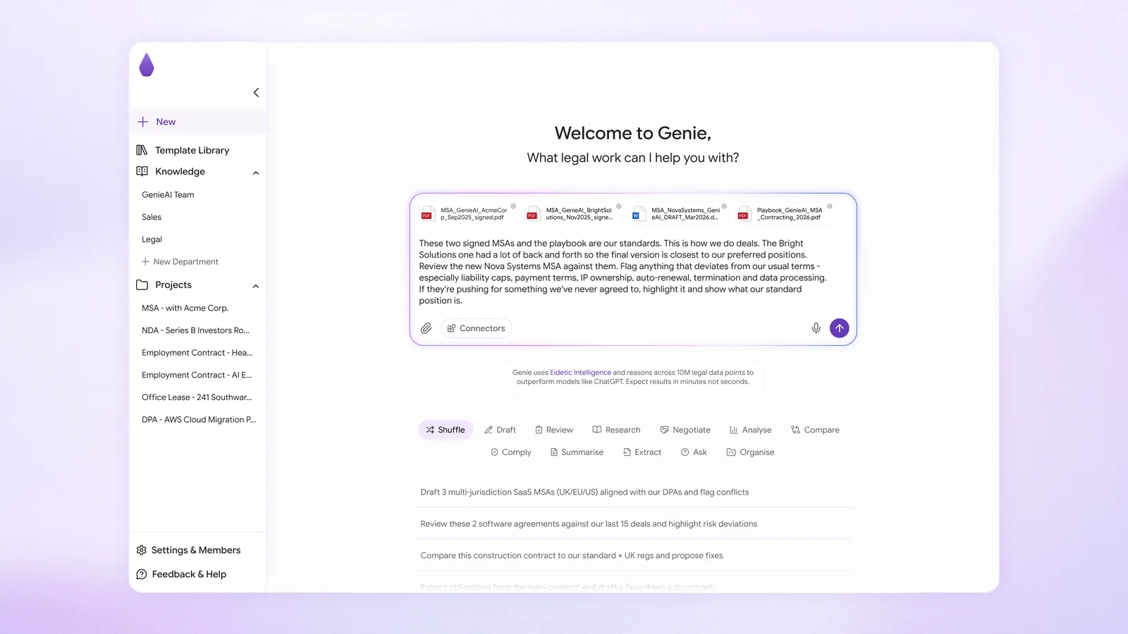 GenieAI homepage with an active chat