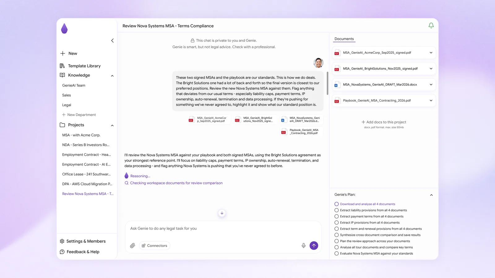 Starting a task in the GenieAI legal workspace