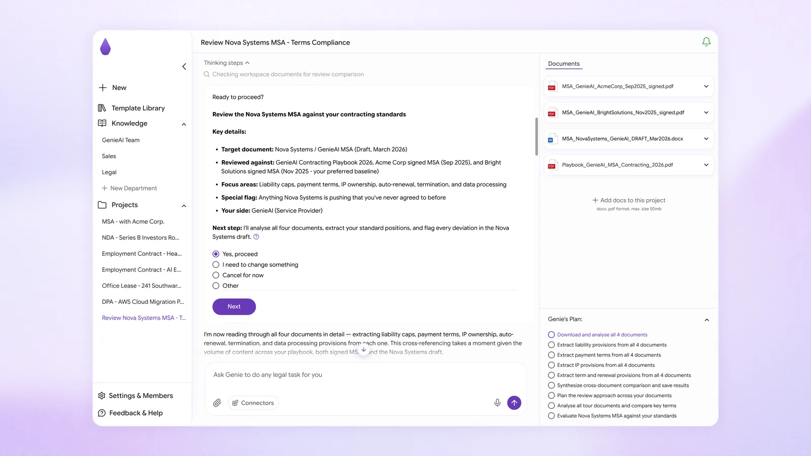 Proceeding through a task in the legal workspace