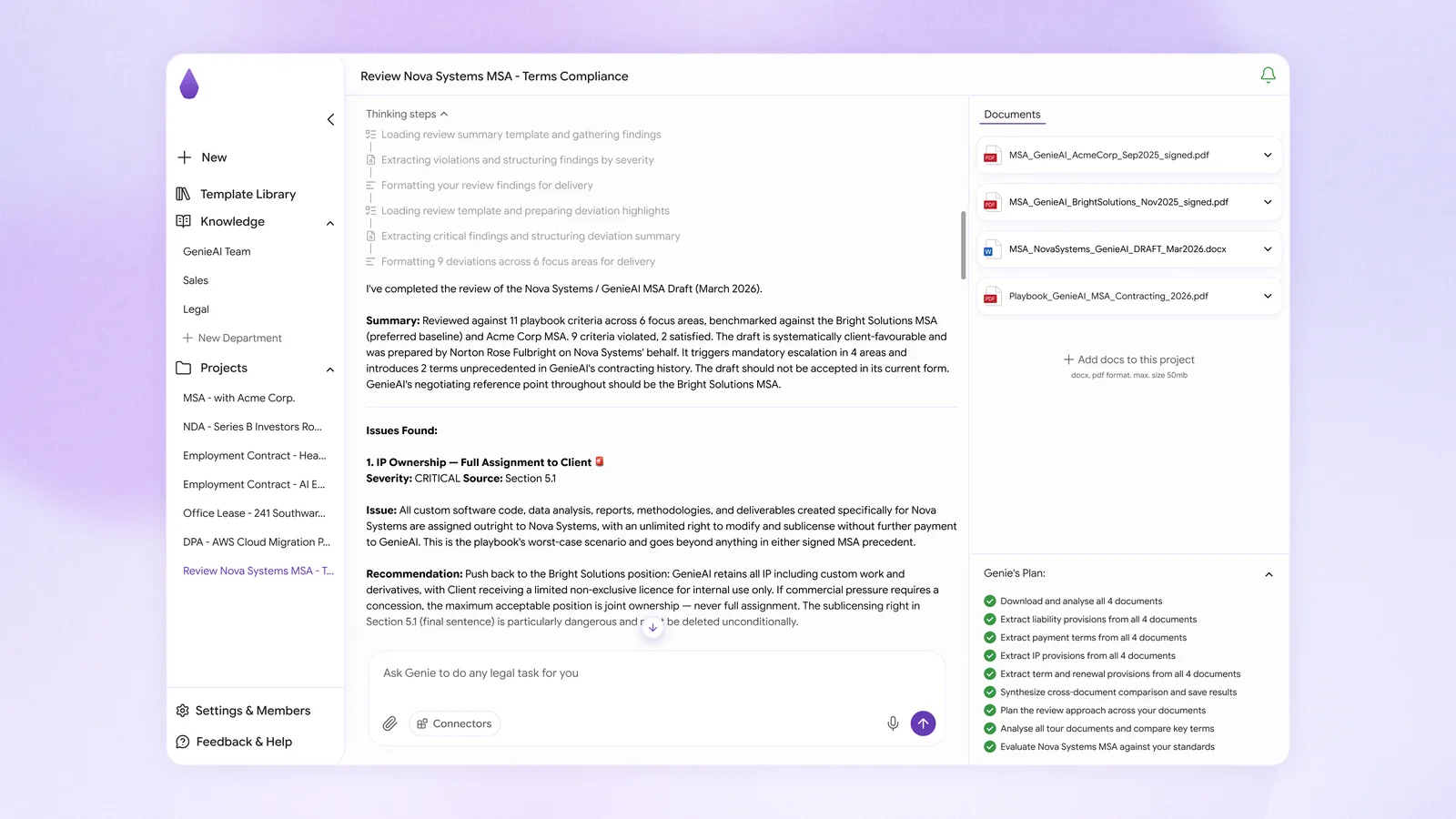 A task summary in the GenieAI legal workspace