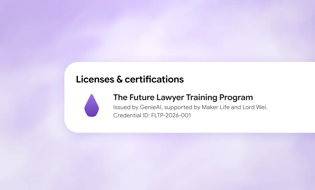 LinkedIn certificate preview showing The Future Lawyer Fellowship credential